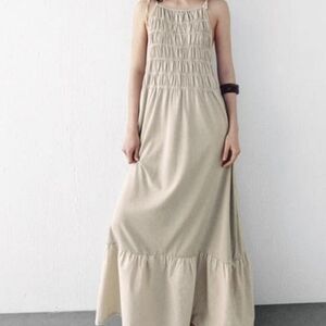 Zara Smocked Cotton Maxi Dress Tan Boho Beach Scandi Tiered Flowy Size L